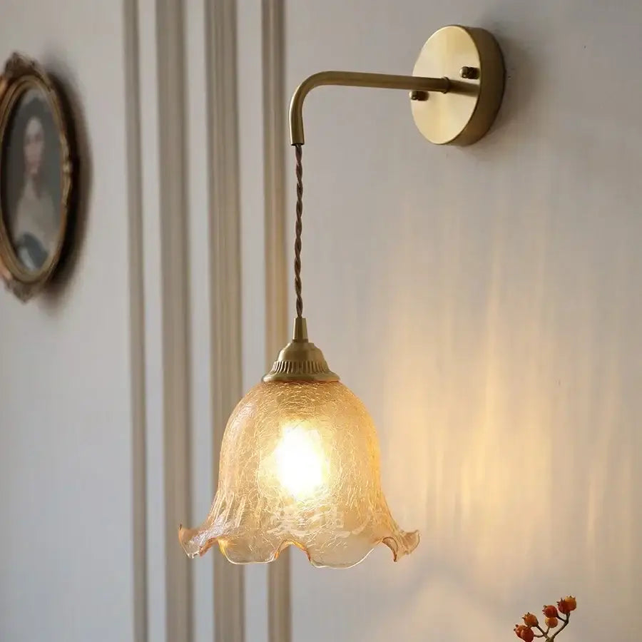 Antique brass and amber glass led wall sconce for bedroom