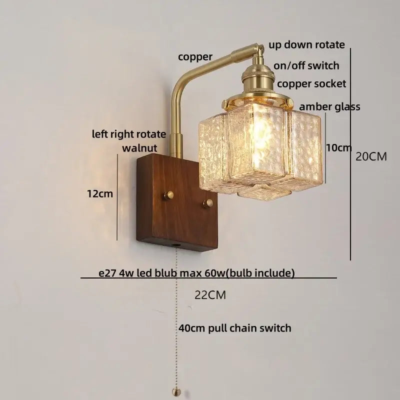 Amber glass and walnut wood wall sconce with pull chain living room