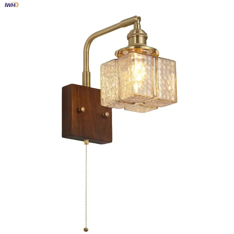 Amber glass and walnut wood wall sconce with pull chain living room