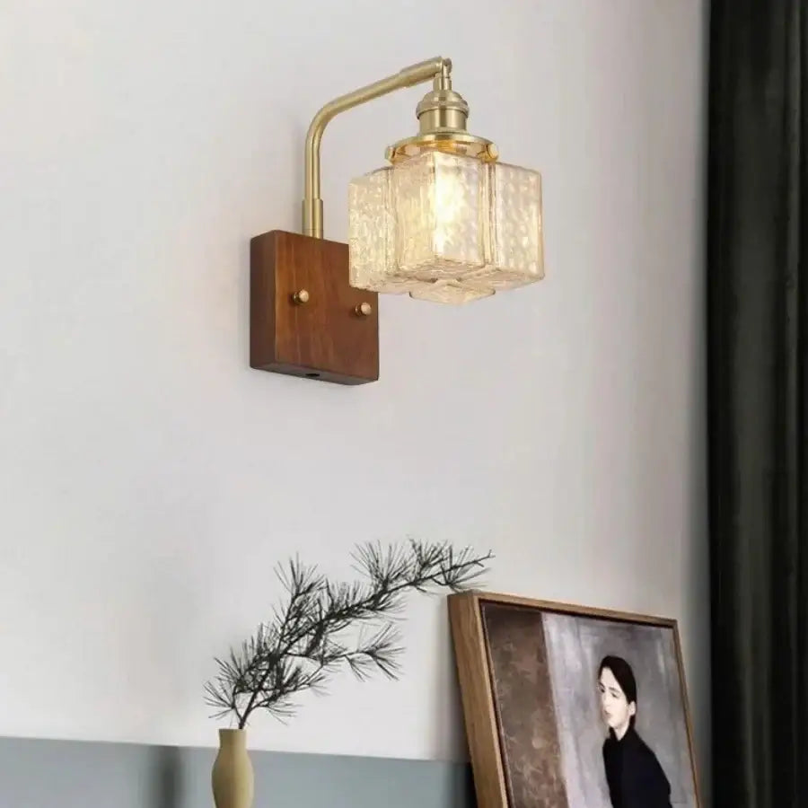 Amber glass and walnut wood wall sconce with pull chain living room