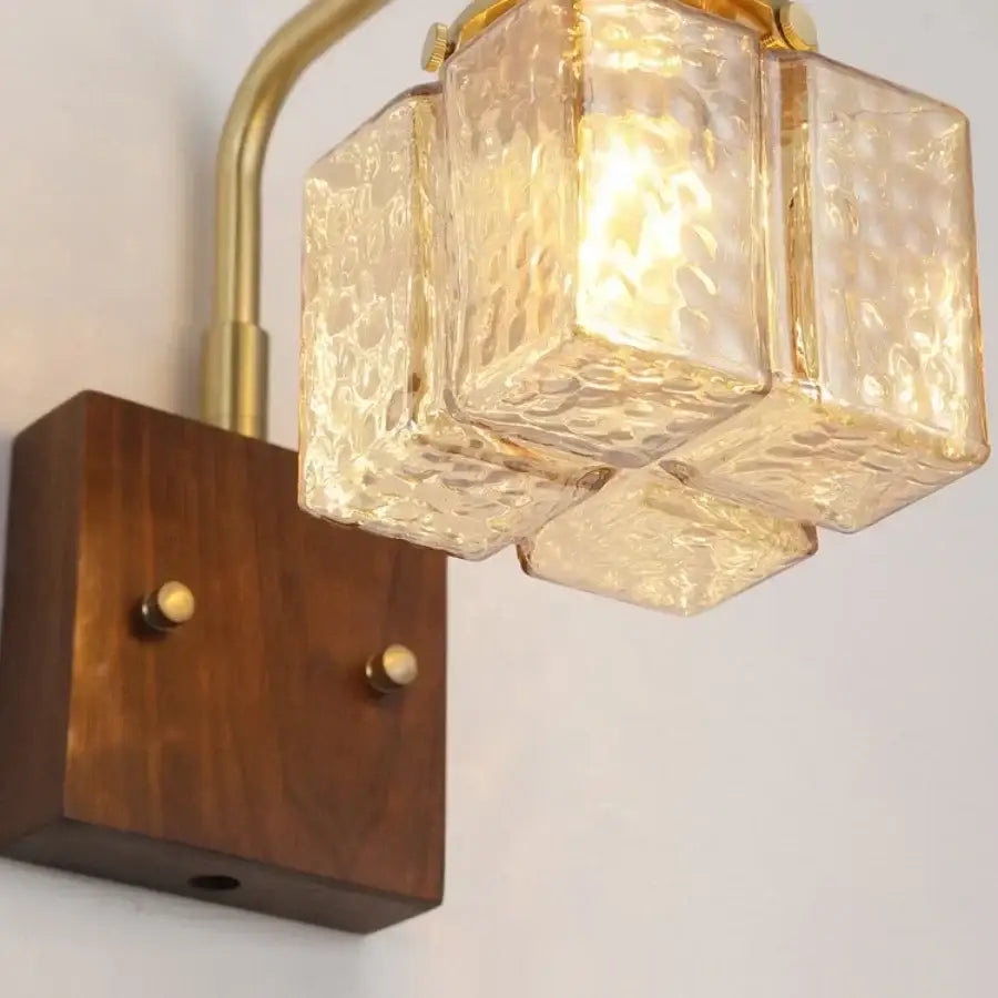 Amber glass and walnut wood wall sconce with pull chain living room