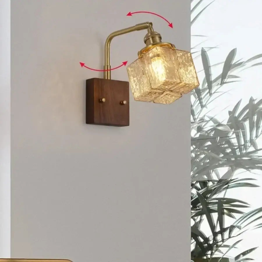 Amber glass and walnut wood wall sconce with pull chain living room