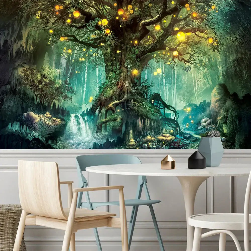 Fantasy ancient trees tapestry bedroom glowing lantern wall decor