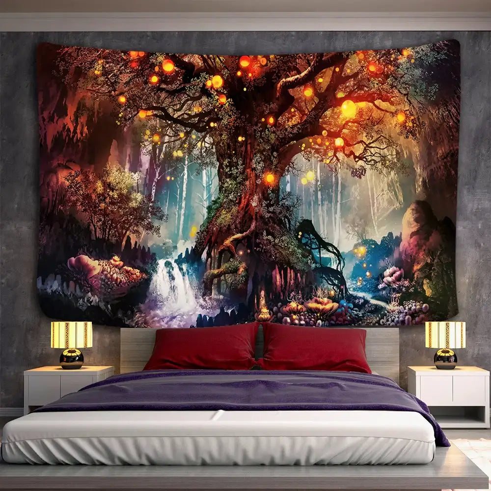 Fantasy ancient trees tapestry bedroom glowing lantern wall decor