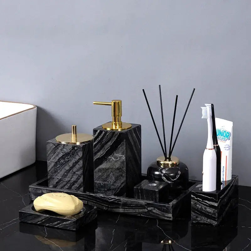 Modern black & gold ancient wood grain marble bathroom set
