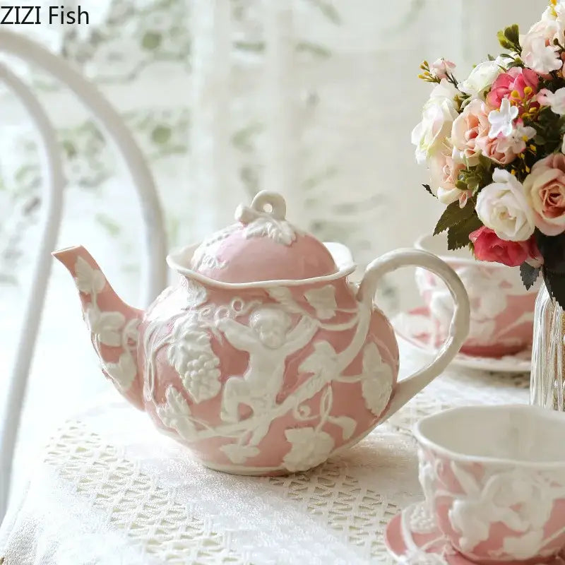 Pink and white angel figures relief ceramic teacup dining room set
