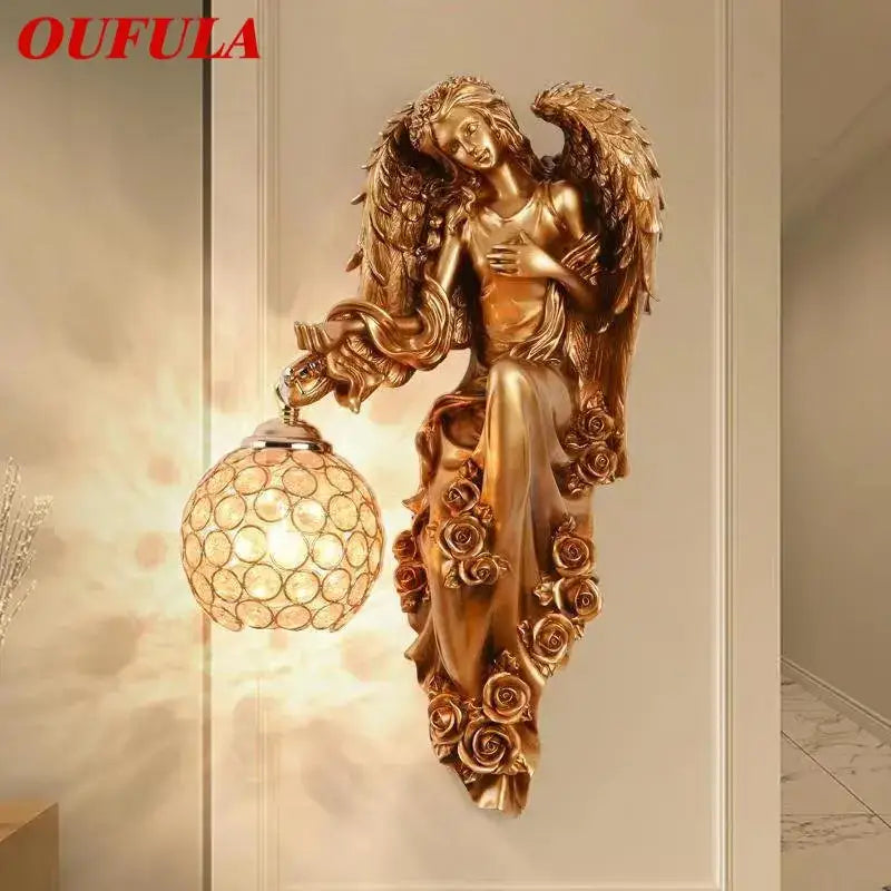 Golden angel resin sconce indoor wall light with crystal for bedroom