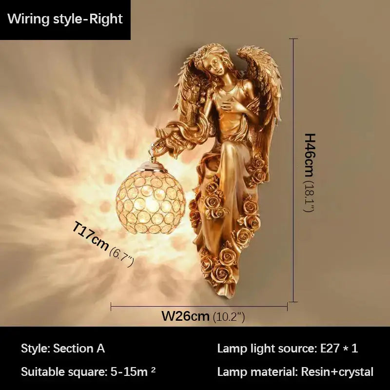 Golden angel resin sconce indoor wall light with crystal for bedroom