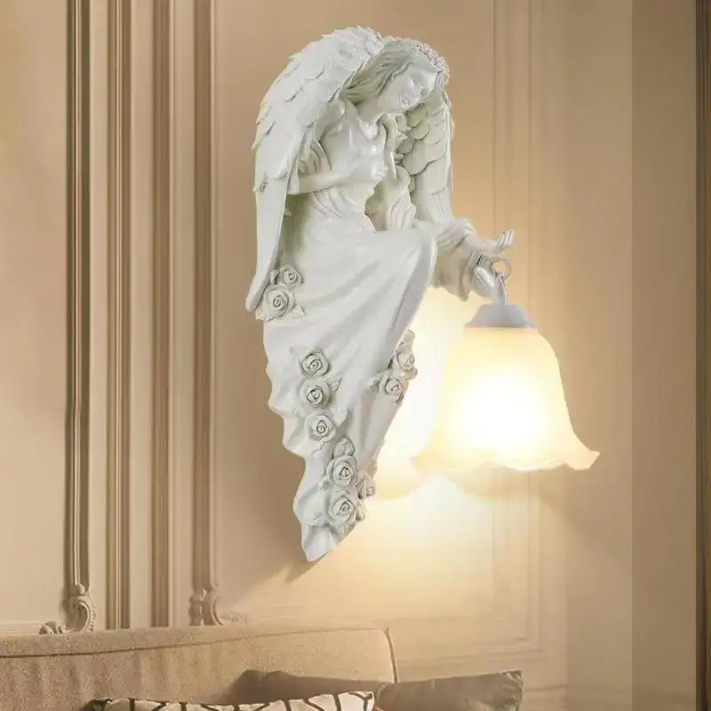 Golden angel resin sconce indoor wall light with crystal for bedroom