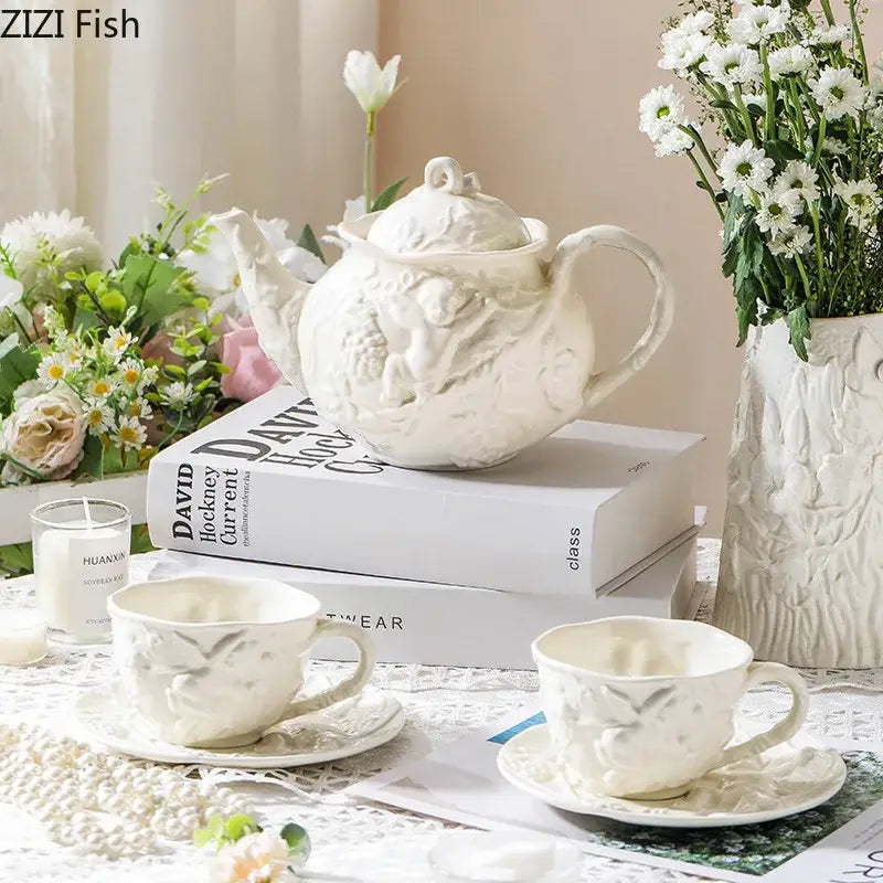 Angel relief ceramic tableware set white floral coffee cups dining room