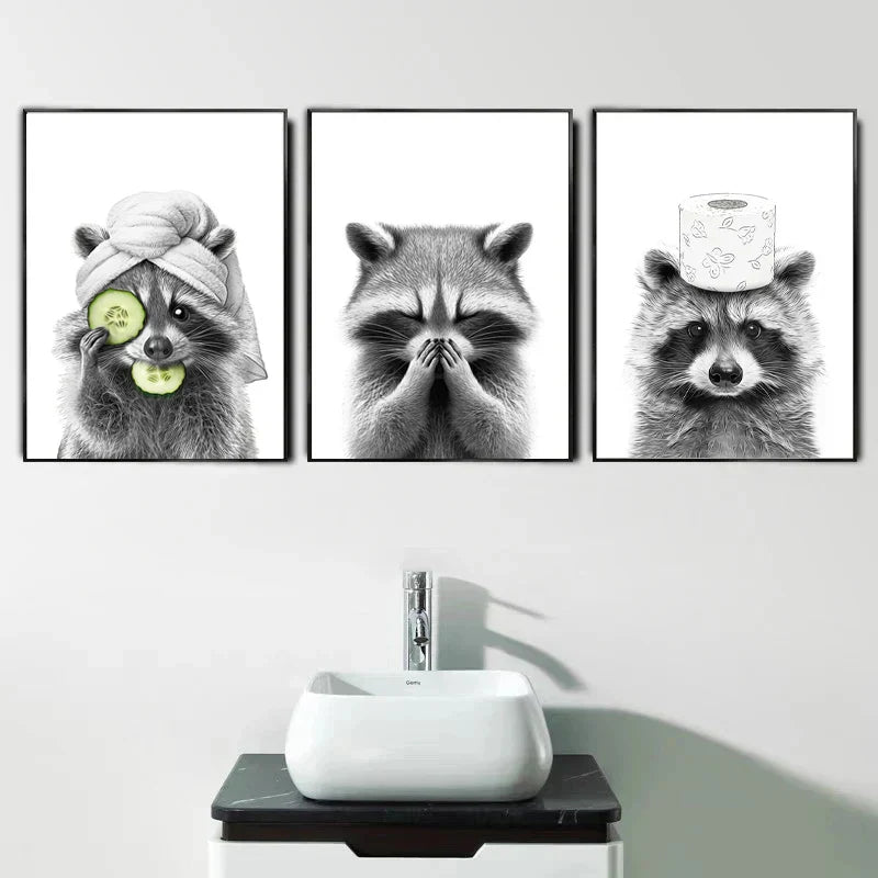 Black and white raccoon spa animal bathroom wall art print