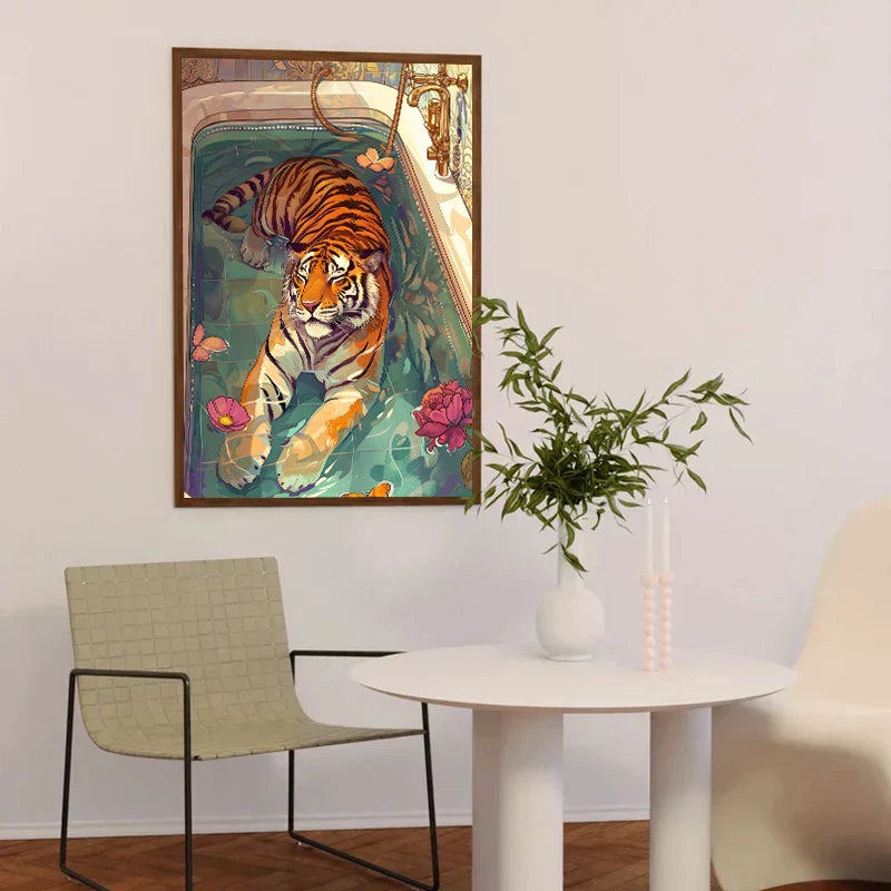 Vibrant tiger in bathtub animal canvas painting bathroom wall art