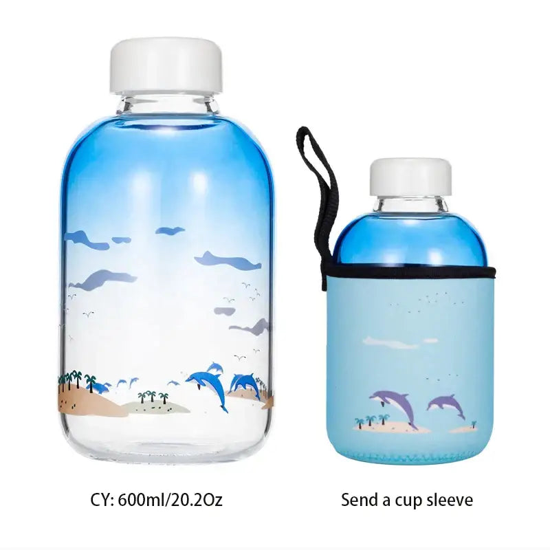 Kawaii penguin glass water bottle with yellow flowers kitchen travel