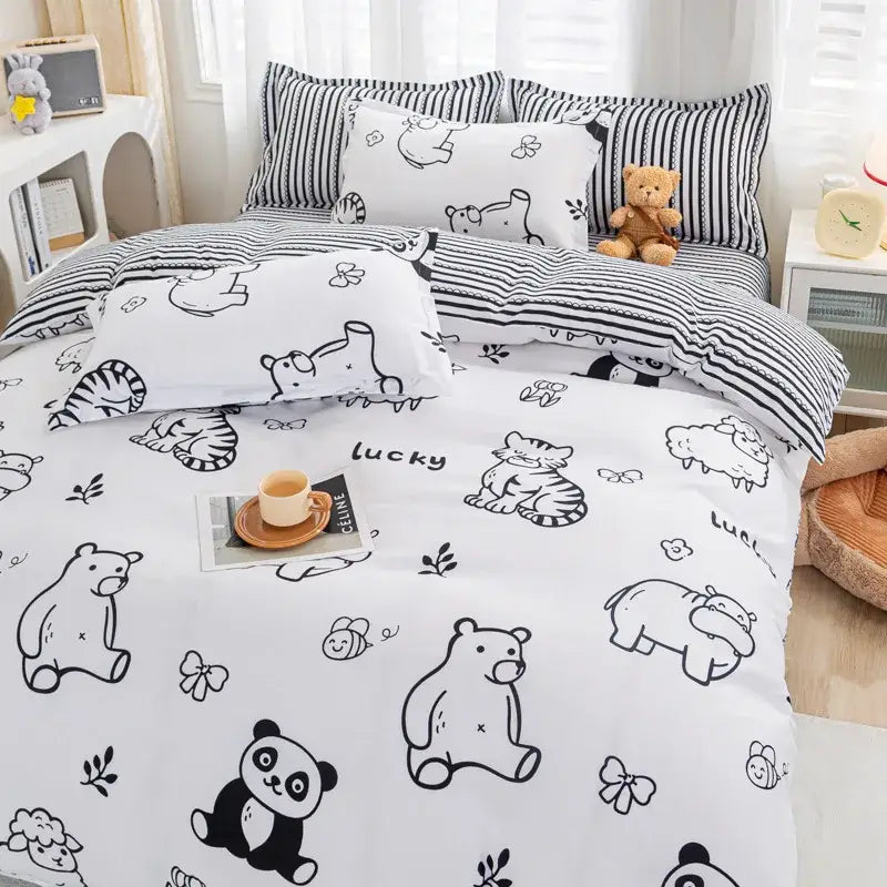 Playful white & black animal pattern bedding set bedroom duvet cover