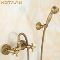 Antique brass bathroom shower and basin tap set with cross handles