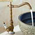 Antique brass single handle faucet with ceramic base bathroom sink