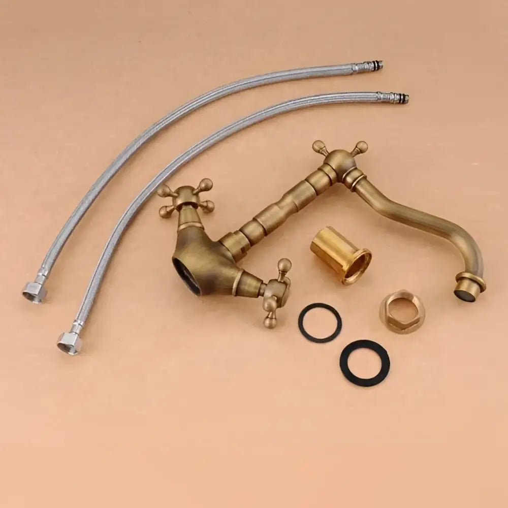 Antique brass double cross handle basin faucet kitchen swivel spout