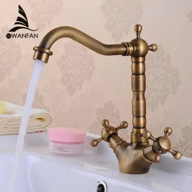 Antique brass double cross handle basin faucet kitchen swivel spout