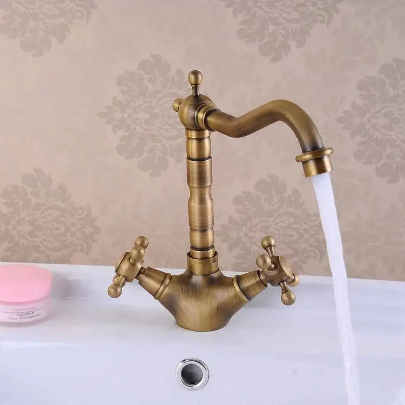Antique brass double cross handle basin faucet kitchen swivel spout