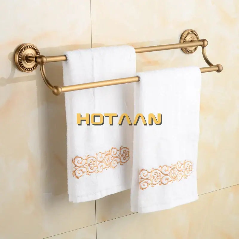 Antique brass double towel bar rack – bathroom ornate wall mount