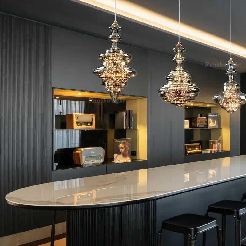 Antique brass glass tiered pendant chandelier for dining room