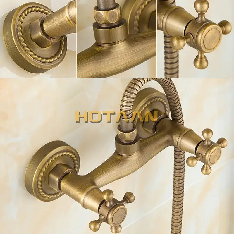 Antique brass hand held shower kit bathroom cross handle faucet