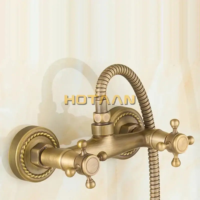 Antique brass hand held shower kit bathroom cross handle faucet