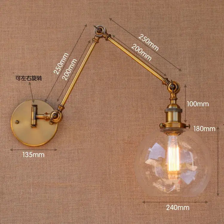 Antique brass swing arm wall lamp bedroom glass globe sconce