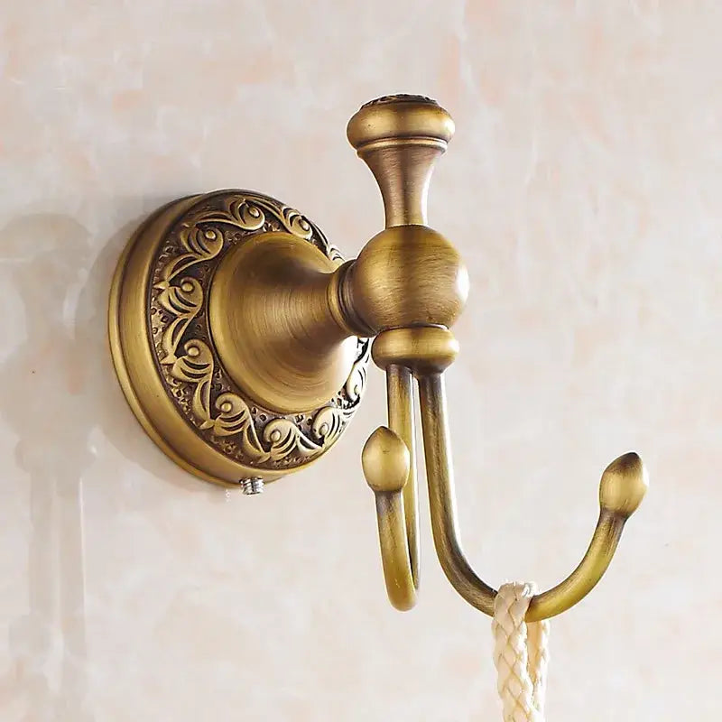 Antique brass scrollwork double robe hooks bathroom wall decor