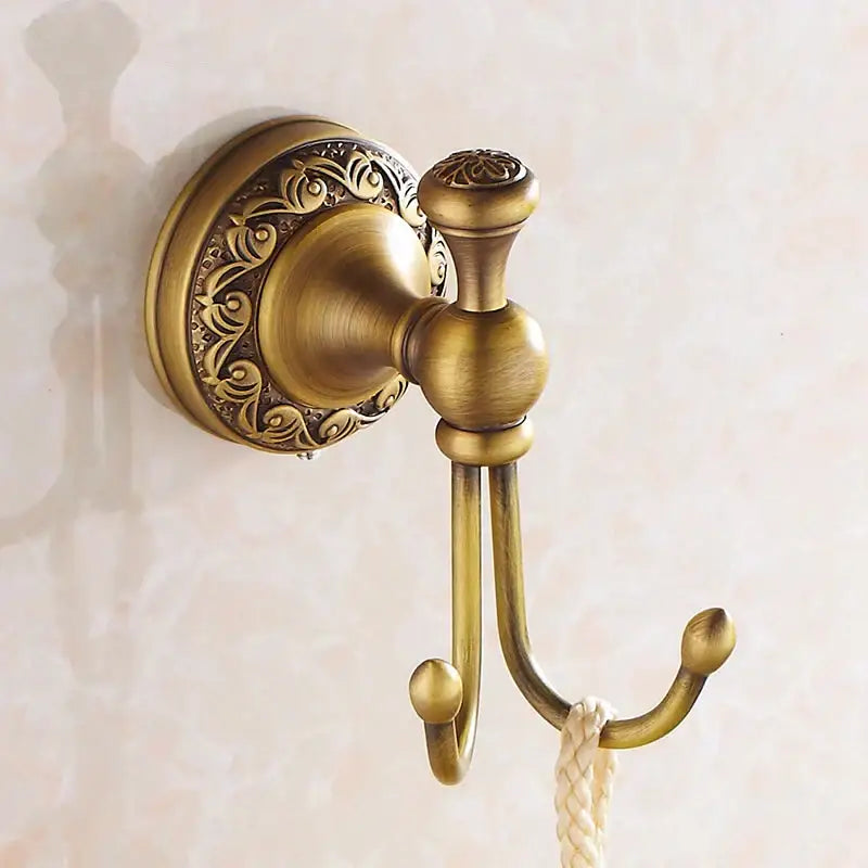 Antique brass scrollwork double robe hooks bathroom wall decor