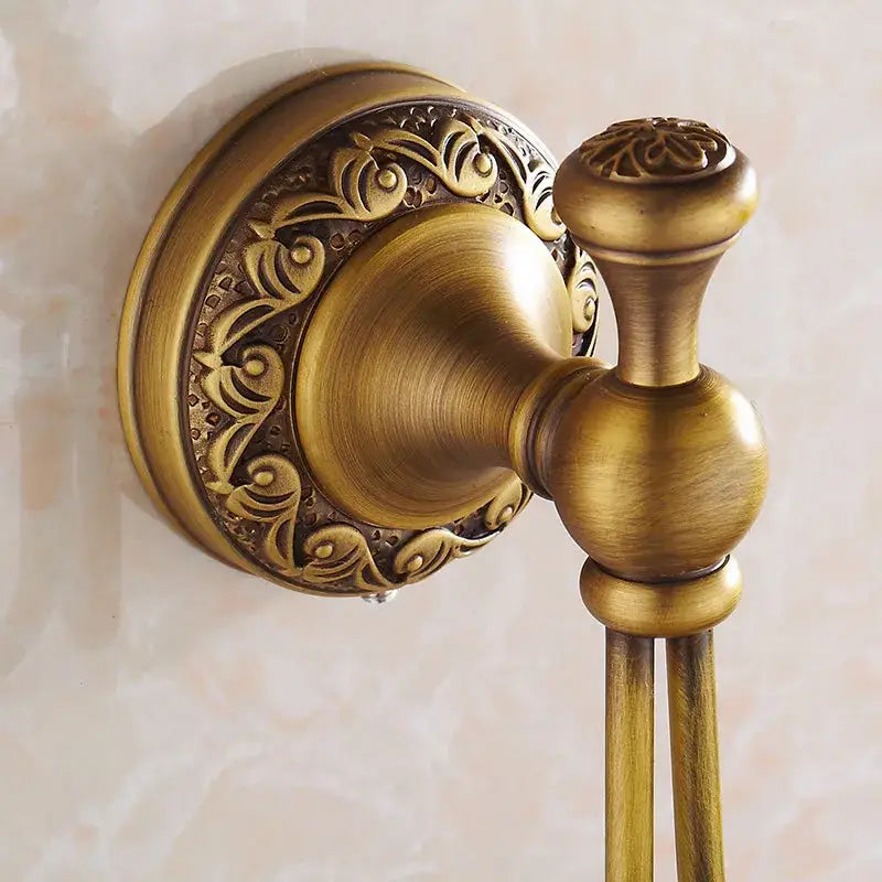 Antique brass scrollwork double robe hooks bathroom wall decor