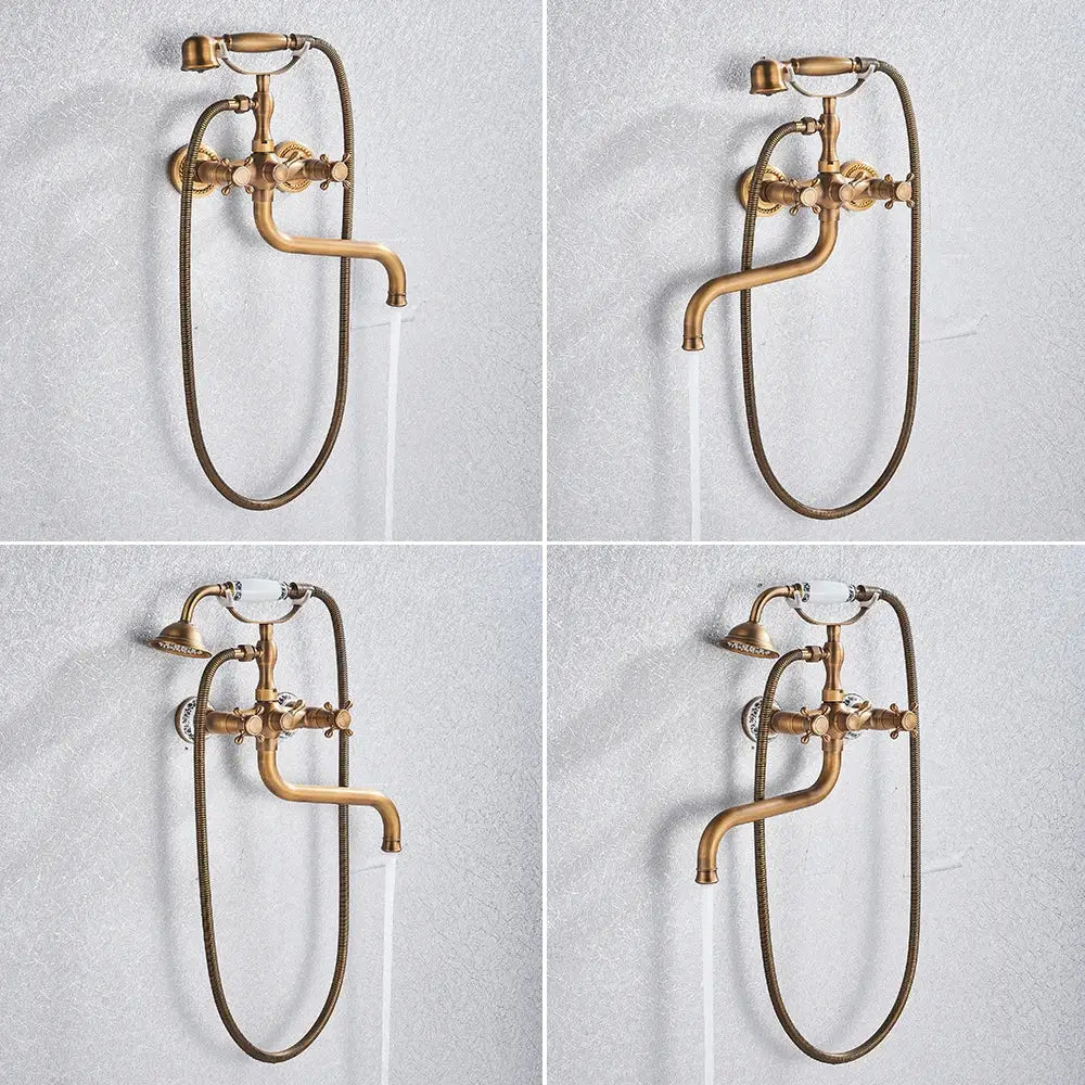 Antique brass shower mixer tap with curved spout for bathroom