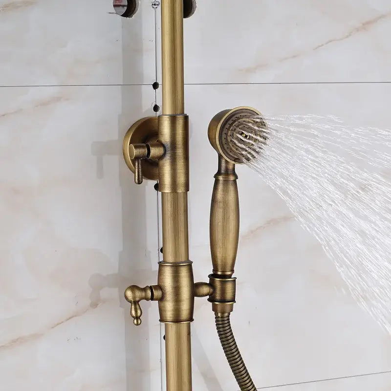 Antique brass wall mount shower faucet with rainhead for bathroom