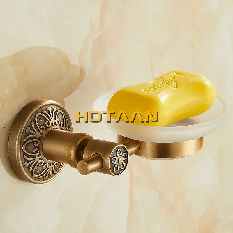 Antique brass wall mounted soap dish with frosted glass bathroom holder