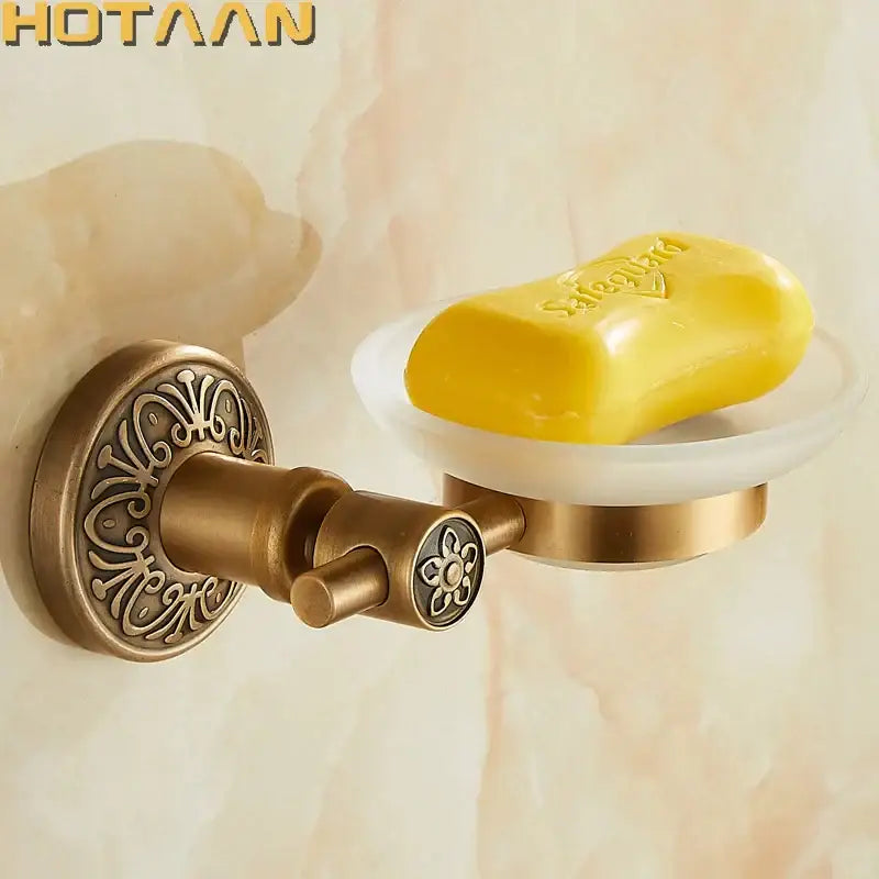 Antique brass wall mounted soap dish with frosted glass bathroom holder