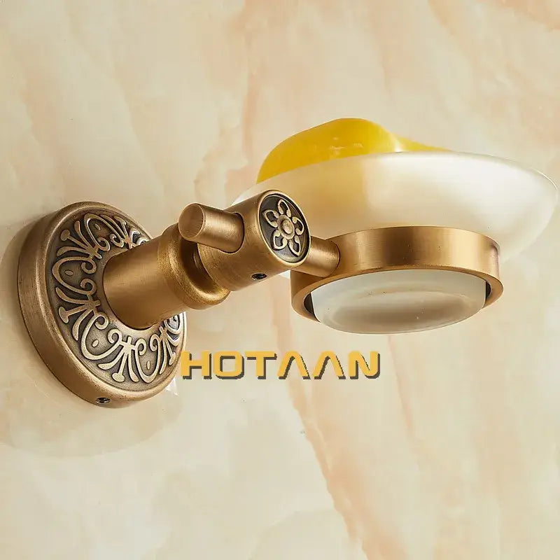 Antique brass wall mounted soap dish with frosted glass bathroom holder