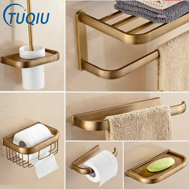 Modern antique bronze bathroom accessory set with towel rack and brush