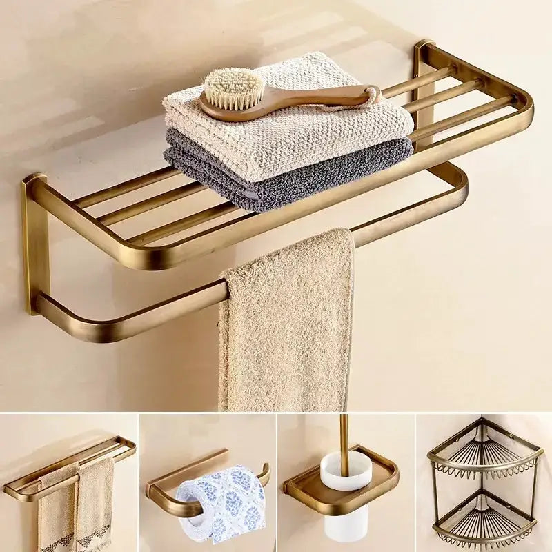 Modern antique bronze bathroom accessory set with towel rack and brush