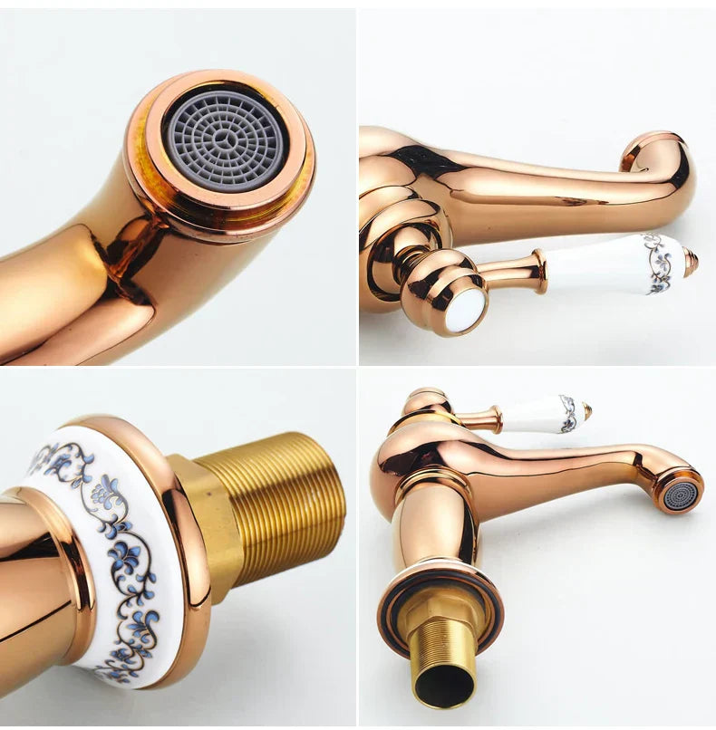 Antique bronze bathroom faucet with white ceramic ornate handle