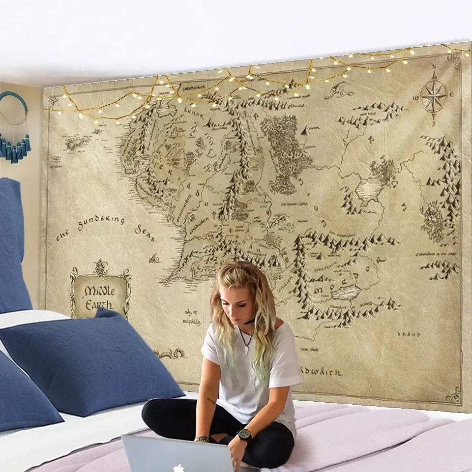 Antique pirate treasure map beige tapestry living room wall decor
