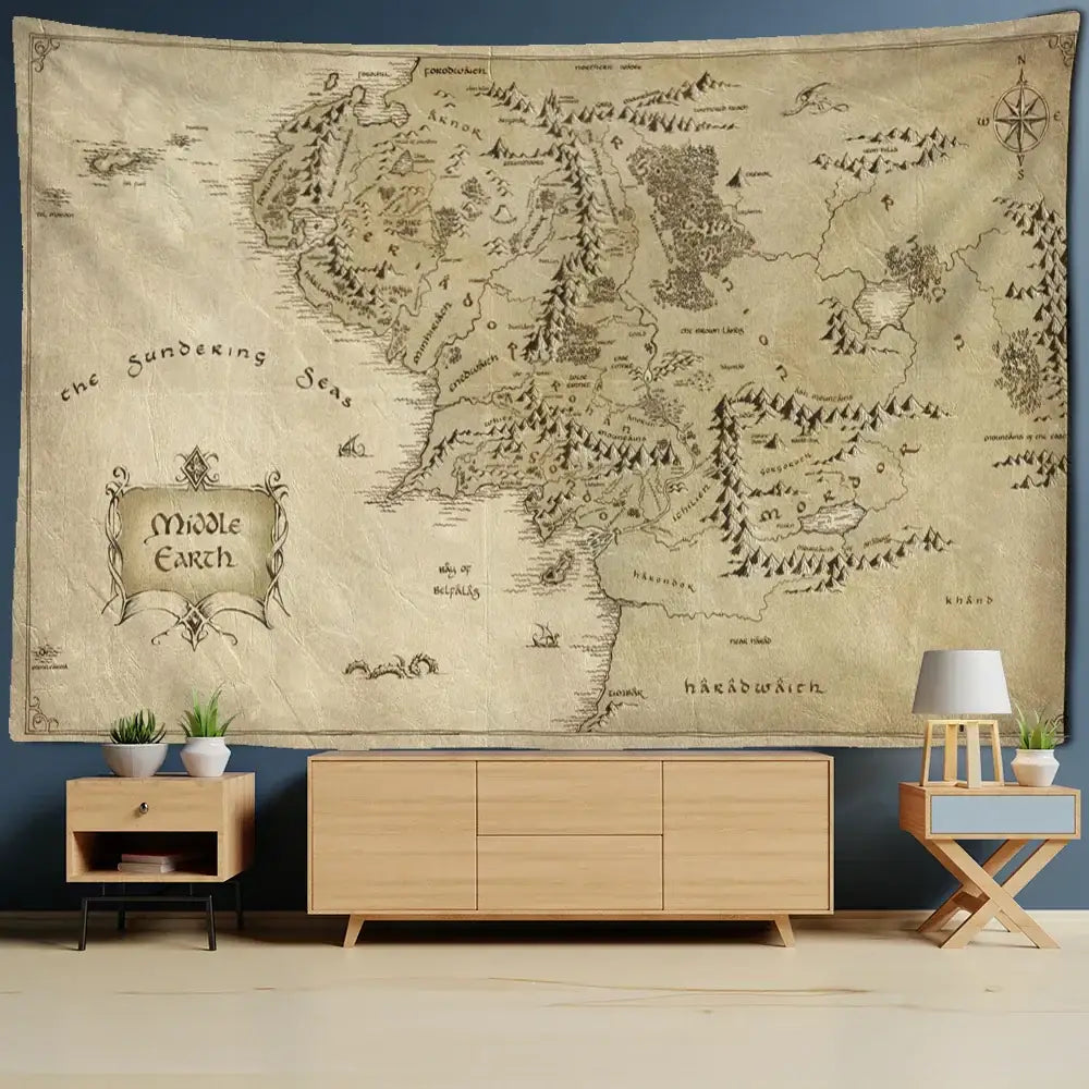 Antique pirate treasure map beige tapestry living room wall decor