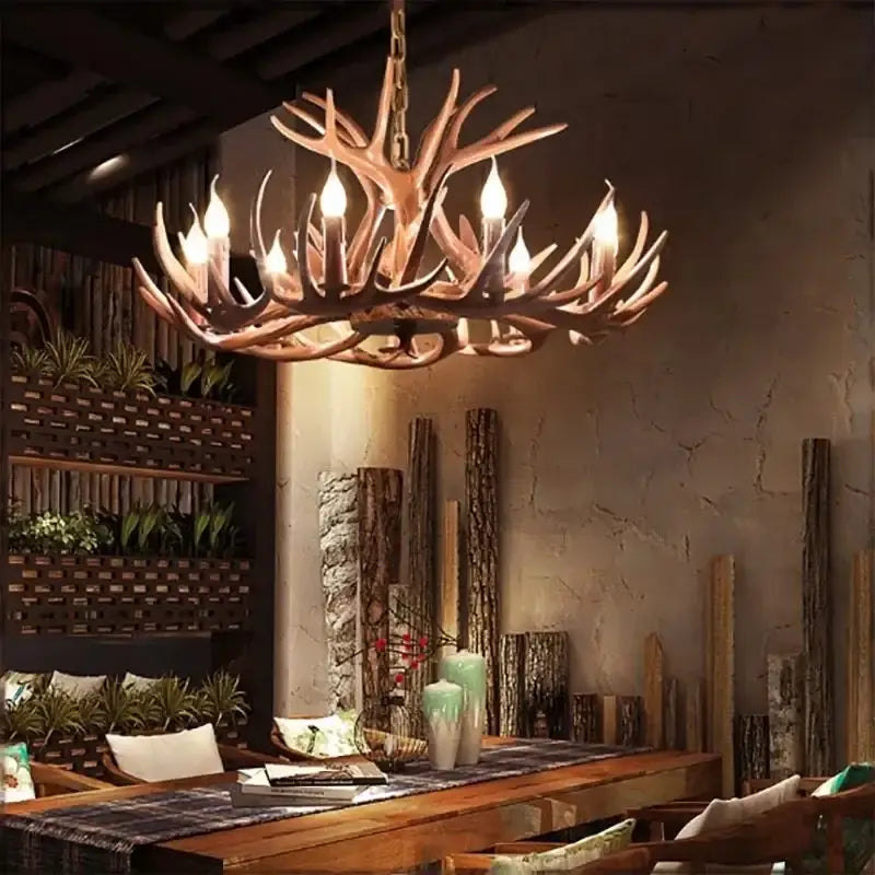 Rustic bronze antler branch ceiling chandelier dining room light