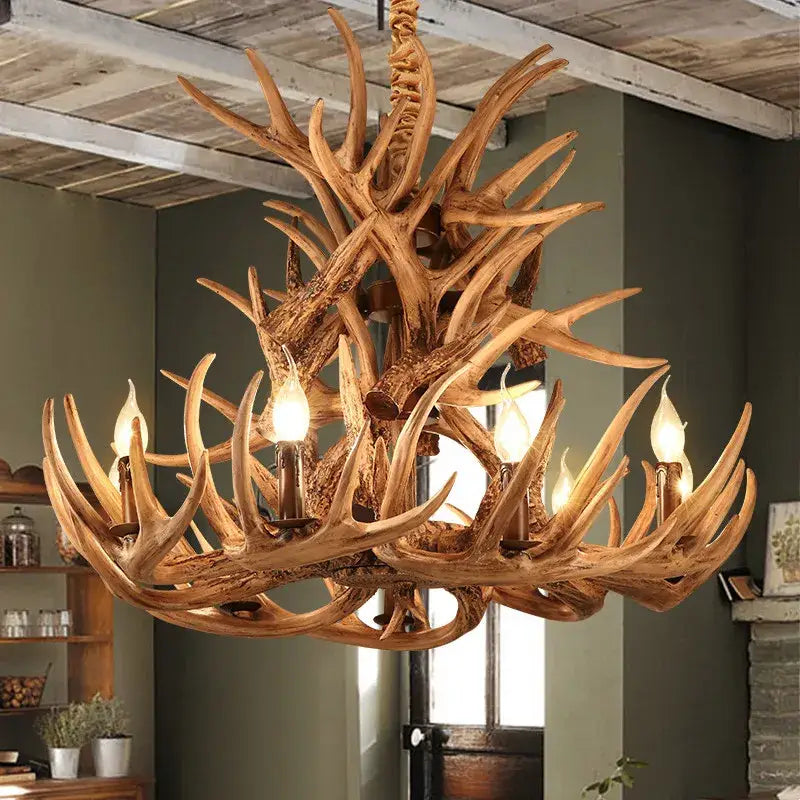 Retro natural wood resin antler chandelier dining room light