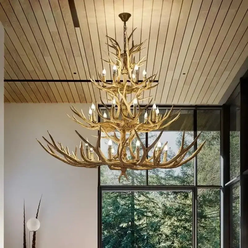 Golden tiered antler chandelier dining room candle pendant light