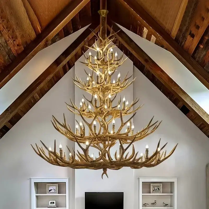 Golden tiered antler chandelier dining room candle pendant light