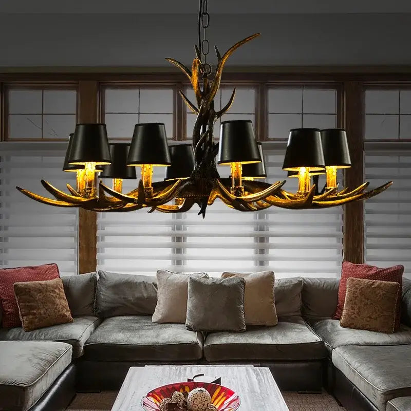 Decorbites antler chandelier with black shades living room light