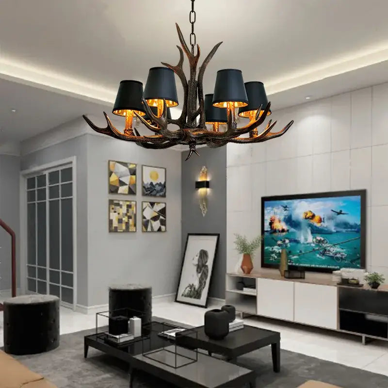 Decorbites antler chandelier with black shades living room light