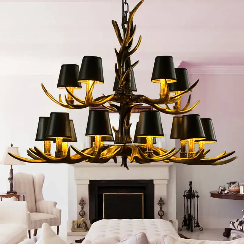 Decorbites antler chandelier with black shades living room light