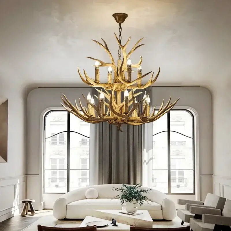 Rustic golden antler deer chandelier living room candle light