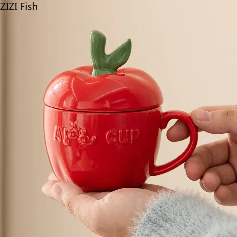 Red ceramic apple fruit mug with leaf lid kitchen kids gift